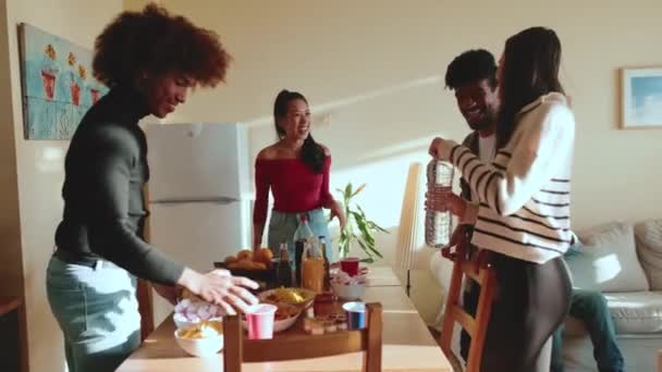 Friends Spend Time Together House Party Drinks Snacks — Stock Video