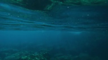 Kamera, parlak güneş ışınlarıyla kayalık deniz tabanında suyun altında ileri doğru hareket ediyor.