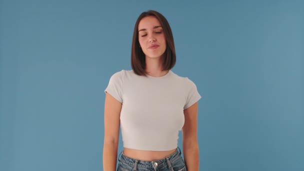 Smiling Woman Showing Representing Heart Love Looking Camera Isolated Blue — Stock Video