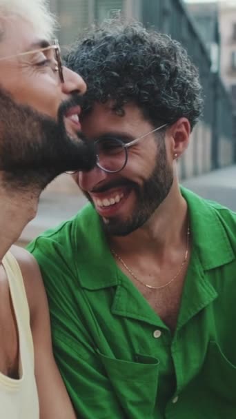 Älskade Homosexuella Par Njuter Att Kommunicera Med Varandra Medan Sitter — Stockvideo