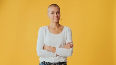 Genç tüysüz kadın dikkatlice dinliyor ve stüdyoda sarı arka planda izole edilmiş kameraya bakıyor.