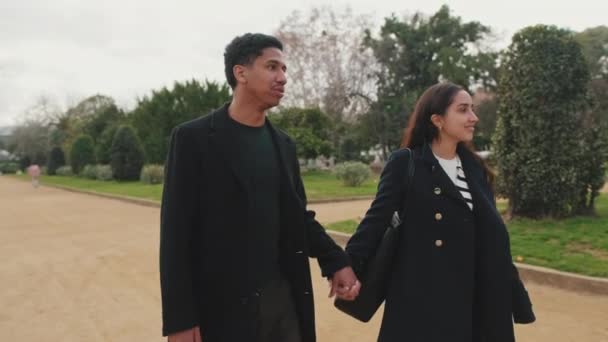 年轻夫妇手牵手在公园里散步 — 图库视频影像