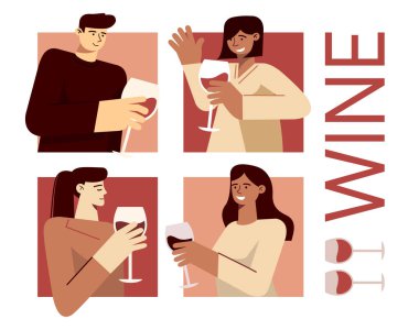 Şaraplı dört kişi. Vektör düz minimalist illüstrasyon
