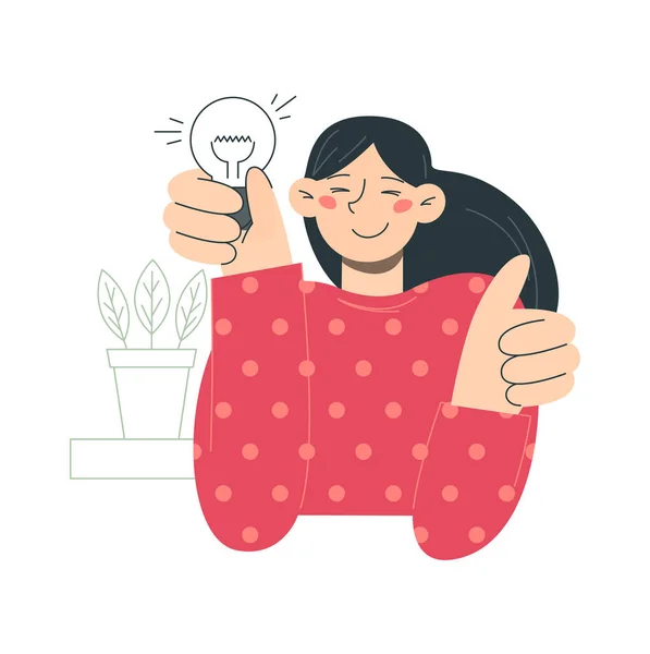 Girl Sweater Bulb Her Hands Vector Flat Minimalist Illustration — Stock Vector