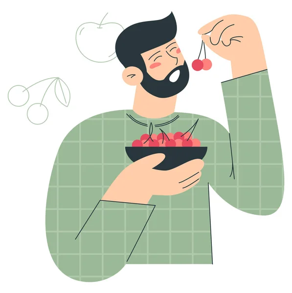 Man Eating Cherries Flat Vector Minimalist Illustrations Kitchen Staff Cooking —  Vetores de Stock