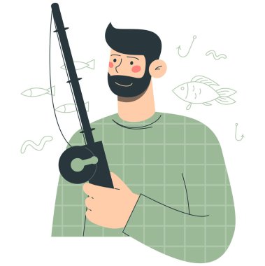 Man with a fishing rod . Flat vector minimalist illustrations of free time spending and hobbies