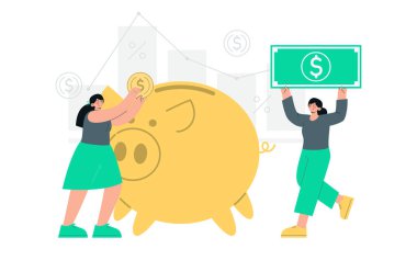 People save money via piggy bank. Finance and business operations. Dollar value chart. Flat vector minimalist illustrations