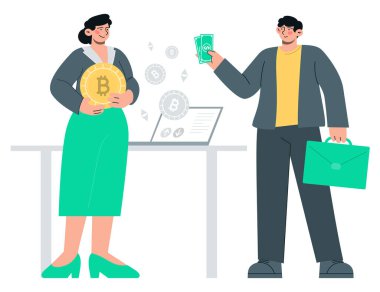 Bitcoin 'i nakit olarak almak. Çevrimiçi ticaret ve takas. Kripto para piyasası. Düz vektör minimalist çizimler