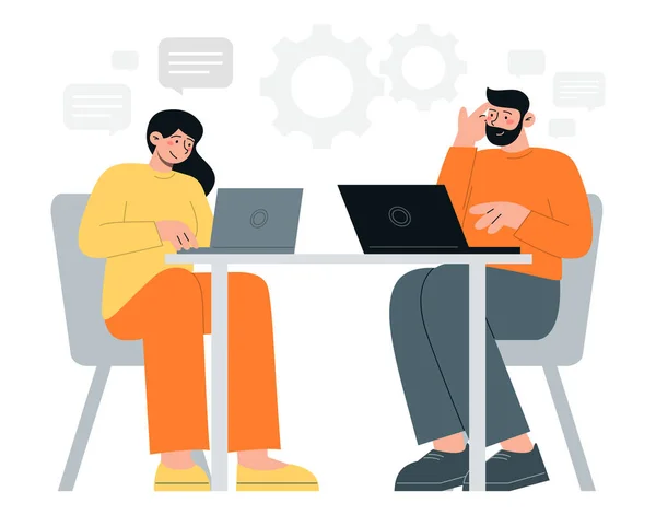 People Working Laptop Teamwork Brainstorm Texting Chat Serfing Web Flat — Stock Vector