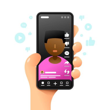 Akıllı telefon ekranında Youtube uygulaması. Tam ekran video. Blog yazıyorum. Vektör rengarenk telefon görüntüleme
