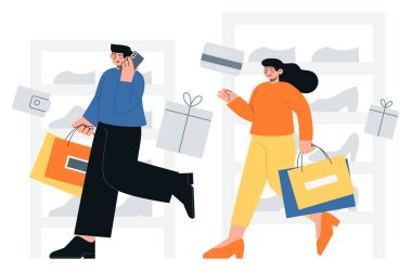 İnsanlar poşetleri, hediyeleri ve kredi kartlarıyla bir mağazadan alışveriş yapıyorlar. Mağaza başvurusu. Ürünleri internetten al ve sat. Düz vektör minimalist çizimler 