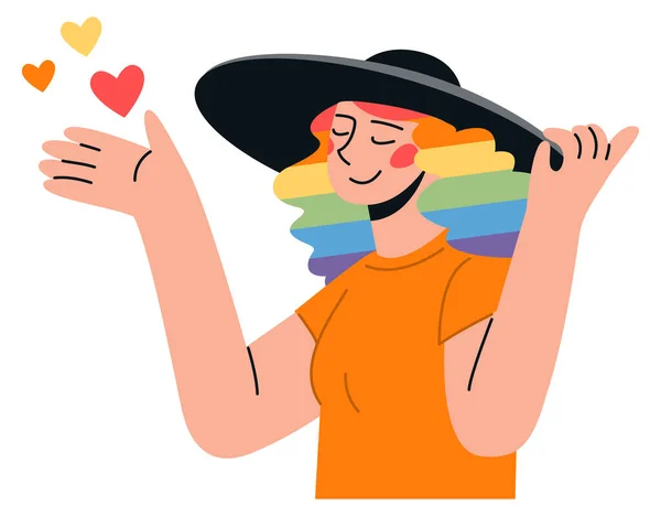 Frau Mit Regenbogenfarbenen Haaren Und Hut Wie Ein Symbol Für — Stockvektor
