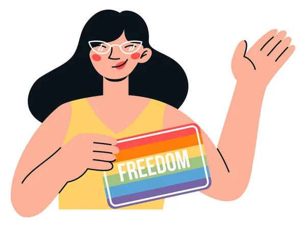 Χαμογελαστή Γυναίκα Γυαλιά Και Αφίσα Ελευθερίας Του Igbt Διάνυσμα Επίπεδη — Διανυσματικό Αρχείο
