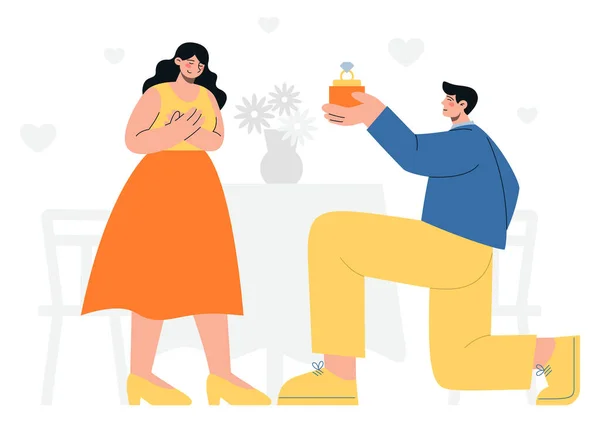 恋人の近くの環を提案する男が膝の上に立っている 提案日のフラットベクトルミニマリストイラスト — ストックベクタ