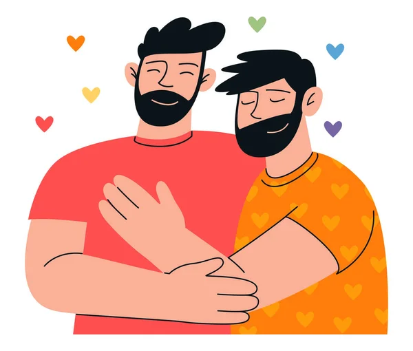 彼らの周りに心を持つ幸せな抱擁ゲイのカップル 誇りヶ月の人々とベクトルフラットミニマリストイラスト — ストックベクタ