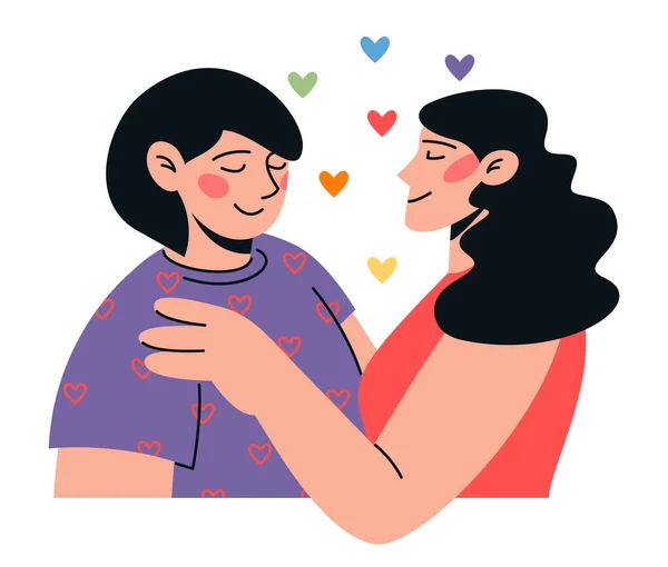 周りの虹の心と恋に幸せな抱擁レズビアンカップル 誇りヶ月の人々とベクトルフラットミニマリストイラスト — ストックベクタ