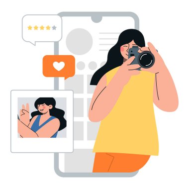 Sosyal medya ekranında bir kız fotoğraf, gönderiler ve mesajlar yapıyor. Farklı aygıt ve ağa sahip düz vektör minimalist illüstrasyon