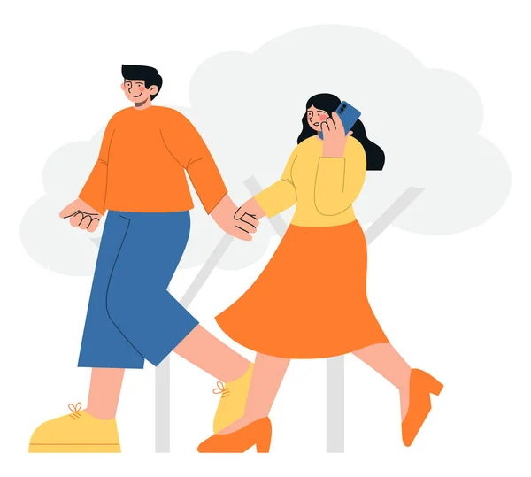 幸せなカップル一緒に屋外を歩く スマートフォンを話す女性 関係と人々のフラットベクトルミニマリストイラスト — ストックベクタ