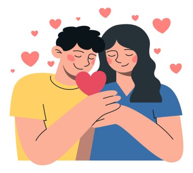 Kalpleri ellerinde birbirine aşık mutlu bir çift. Farklı insanların düz vektör minimalist çizimi