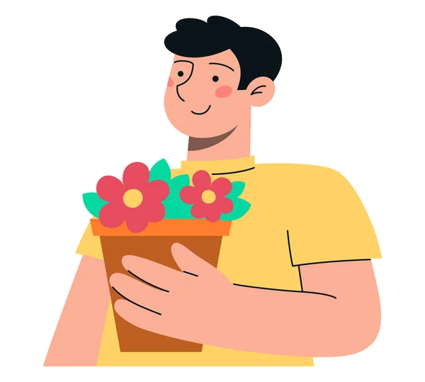 Homem Sorridente Com Vaso Flores Nas Mãos Ilustração Minimalista Vetores —  Vetores de Stock