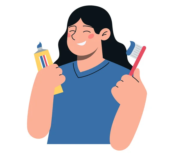 Uśmiechnięta Kobieta Szczoteczką Zębów Pastą Rękach Płaski Wektor Minimalistyczna Ilustracja — Wektor stockowy