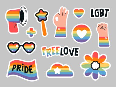 LGBT ve Pride ay sembollü şirin çıkartma koleksiyonu. Düz vektör gökkuşağı işaretlerinin minimalist çizimleri
