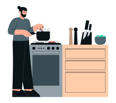 Gülümseyen adam mutfakta yemek pişiriyor ve yemekleri karıştırıyor. Aşçı, yemek ve farklı yiyeceklerin yassı minimalist çizimi