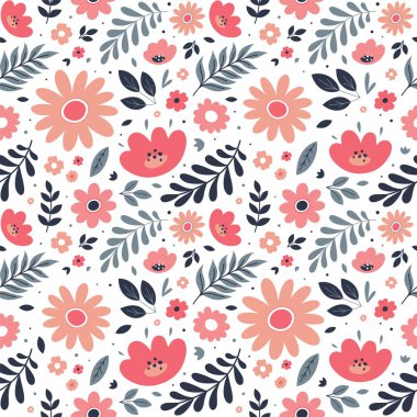 Beyaz arka planda pembe çiçekler ve mavi yapraklar bulunan kusursuz bir çiçek deseni, kumaş, duvar kağıdı, kart ve dijital sanat için ideal, neşeli, el çizimi tarzlı..