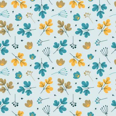 Açık mavi bir zemin üzerinde yaprakları ve meyveleri olan sarı, yeşil ve kahverengi çiçekleri içeren büyüleyici bir desen. Konforlu sonbahar dekorasyonu, kumaş, duvar kağıdı ve sezonluk tasarımlar için mükemmel..