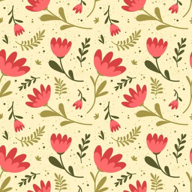 Pembe çiçekli canlı bir çiçek deseni, yeşil yapraklar ve yumuşak sarı arka planda ince noktalar. Bahar dekoru, kumaş, duvar kâğıdı ve el çizimi, kaprisli şenlik tasarımları için mükemmel..