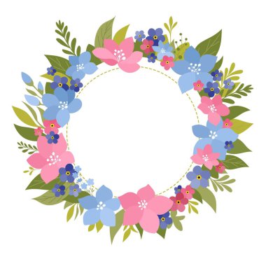 Çiçek desenli pembe ve mavi renkli çizimler ve unutma beni çiçekleri, yeşil yapraklar ve ince bir çerçeve oluşturan kesik çember çizgileri..