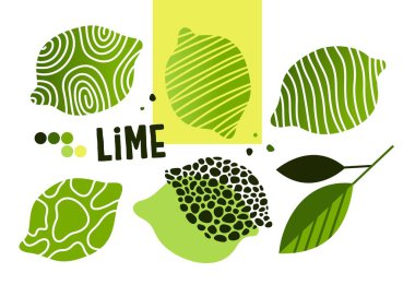 Değişik dokulara, yapraklara ve yeşil paletli sarı bir kareye sahip yeşil limon dilimleri koleksiyonu.