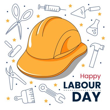 Düz tasarım İşçi Bayramı posteri, el aletleri ve sarı miğfer, yıldızlar ve noktalarla süslenmiş..