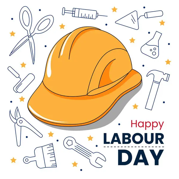Düz tasarım İşçi Bayramı posteri, el aletleri ve sarı miğfer, yıldızlar ve noktalarla süslenmiş..