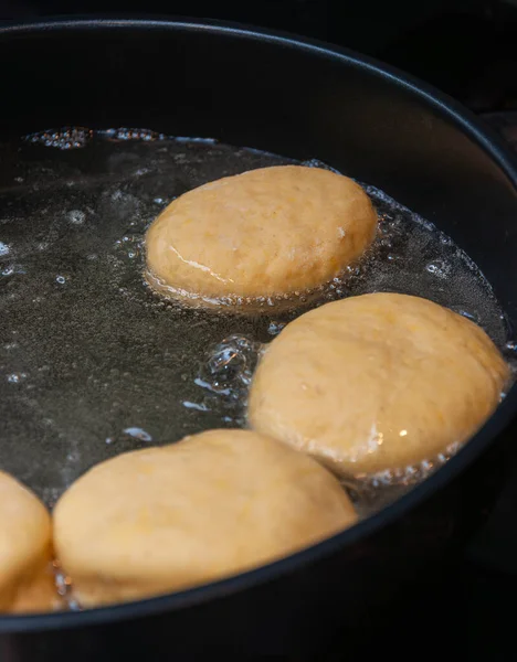 Traditional Homemade Polish Donuts Oil Frying Process — Stock Photo, Image