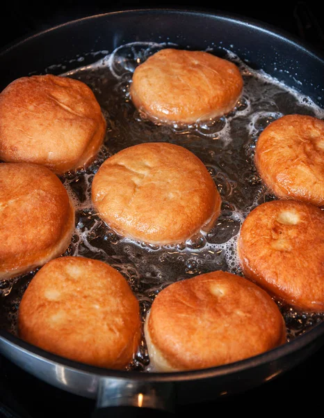 Traditional Homemade Polish Donuts Oil Frying Process — Stock Photo, Image