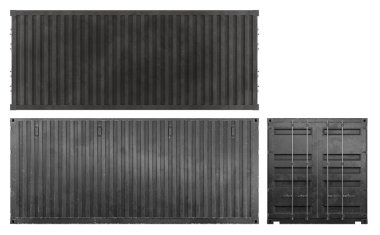 Çoklu izometrik ortograpphic görünümlü bir dizi kargo konteynırının 3D çizimi. Açıldı ve kapandı. Siyah renk.