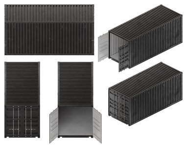 Çoklu izometrik ortograpphic görünümlü bir dizi kargo konteynırının 3D çizimi. Açıldı ve kapandı. Siyah renk.