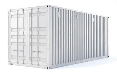 Kapalı bir kargo konteynırının üç boyutlu çizimi. Bakış açısı. Beyaz renk