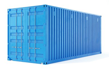 Kapalı bir kargo konteynırının üç boyutlu çizimi. Bakış açısı. Mavi renk