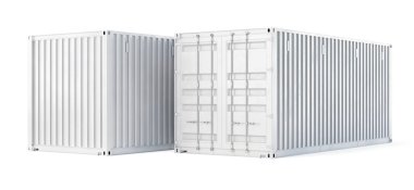 Kapalı bir kargo konteynırının üç boyutlu çizimi. Perspektif ön ve arka görüş. Beyaz renk