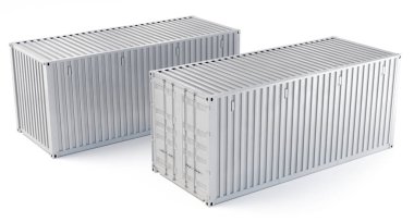 Kapalı bir kargo konteynırının üç boyutlu çizimi. Perspektif üst ve arka görüş. Beyaz renk