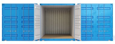 Açılmış ve kapanmış bir kargo konteynırı duvarının 3 boyutlu çizimi. Bakış açısı. Mavi renk