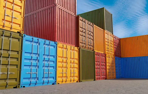 3d render illustration of a stacked shipping containers at a  container cargo port. World trade concept.