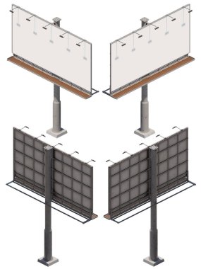 Reklam panosu modelinin 3 boyutlu tasviri. Pazarlama konsepti. Tasarım varlığı. İzole edilmiş. İzometrik ortografik görünüm.