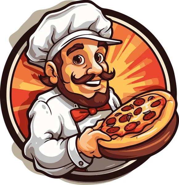 Ki 'nin ürettiği tepside pizzacı ve şapkalı bir pizzacının vektör karikatürü.