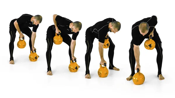 Man on isolated white background performing alternating bent-over rows with two yellow kettlebells