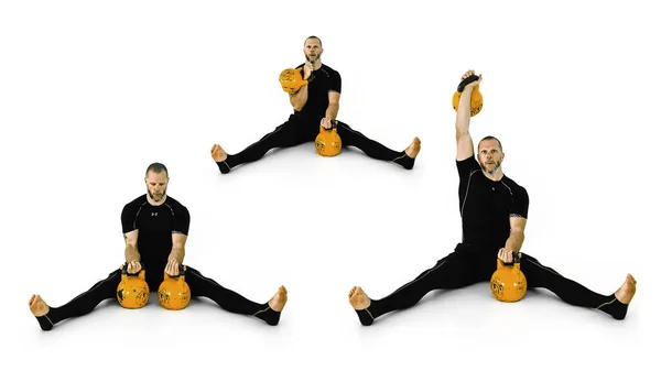 Professional kettlebell trainer in compression gear demonstrating proper exercise form for the kettlebell seated press, isolated on white