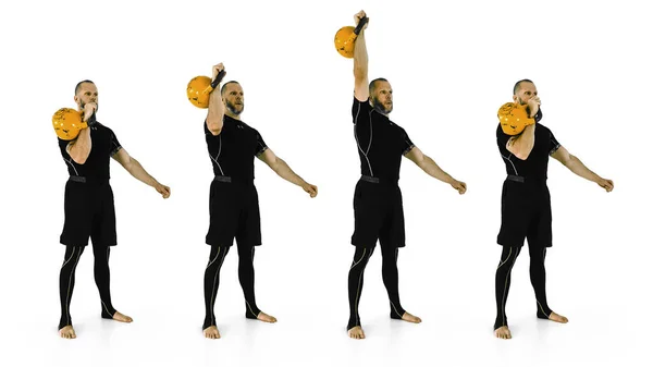 Professional kettlebell trainer in compression gear demonstrating proper exercise form and technique for the kettlebell single-arm strict press, isolated on white