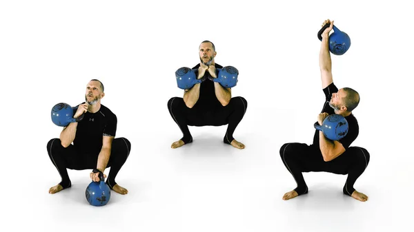 Professional kettlebell trainer in compression gear demonstrating proper exercise form and technique for the kettlebell Sots press, isolated on white